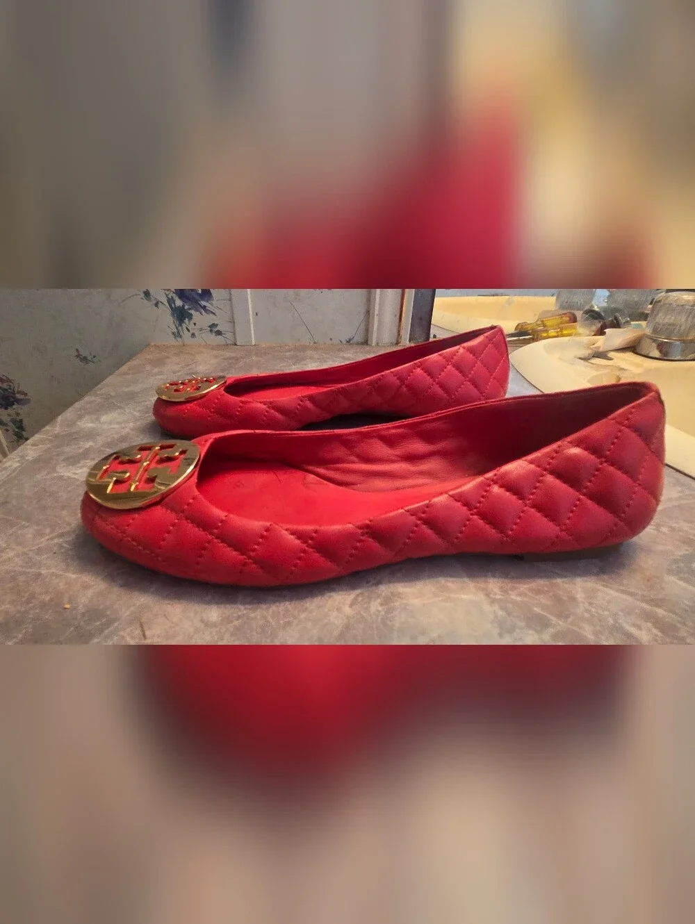 Tory Burch Red Quilted Logo Ballet Flats